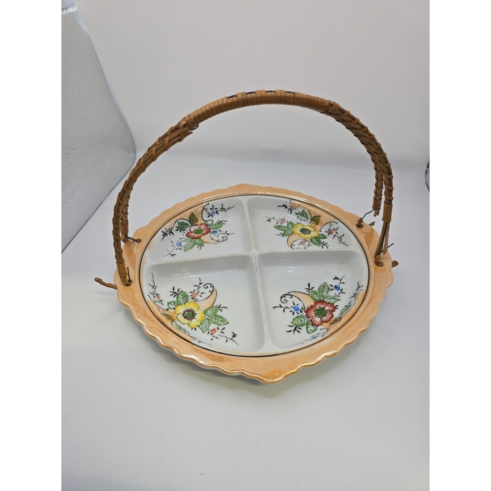 Made in Japan Round 4-Compartment Divided Dish Floral Wicker Handle 10 in